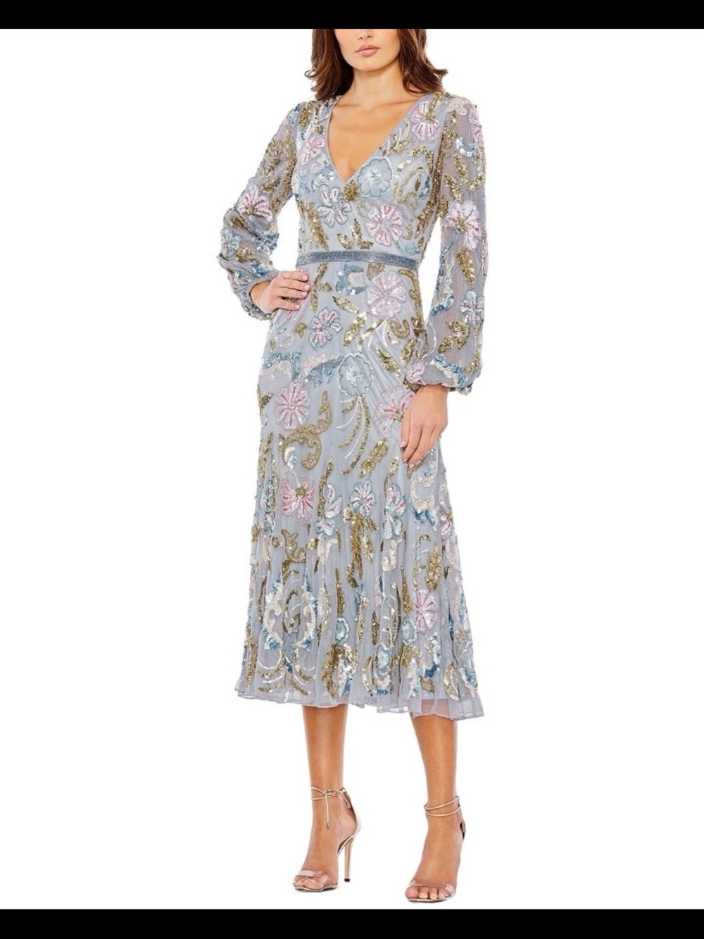 Mac Duggal Pale Blue Embellished V-Neck Midi Dress